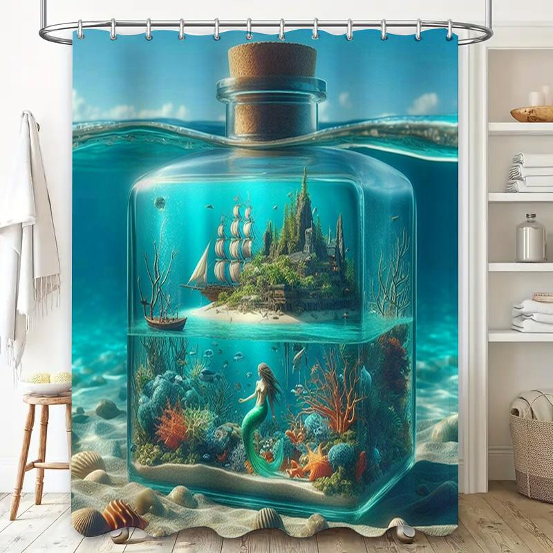 Beautiful Underwater World Shower Curtain with Sailboat Mermaid Coral Design for Home Decor Bathroom Accessories Blue Ocean Bott
