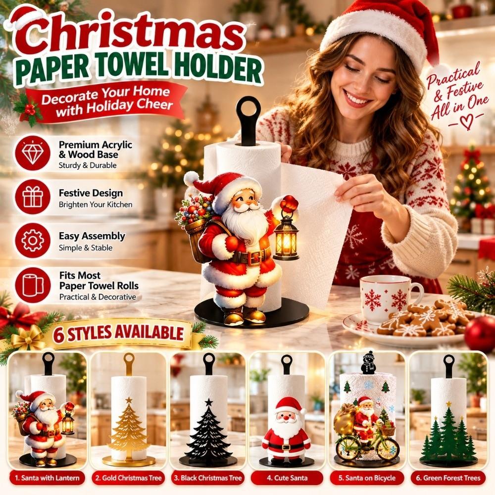 Cartoon Elk Santa Claus Paper Towel Holder Wooden Roll Paper Towel Holder For Christmas Home Decor