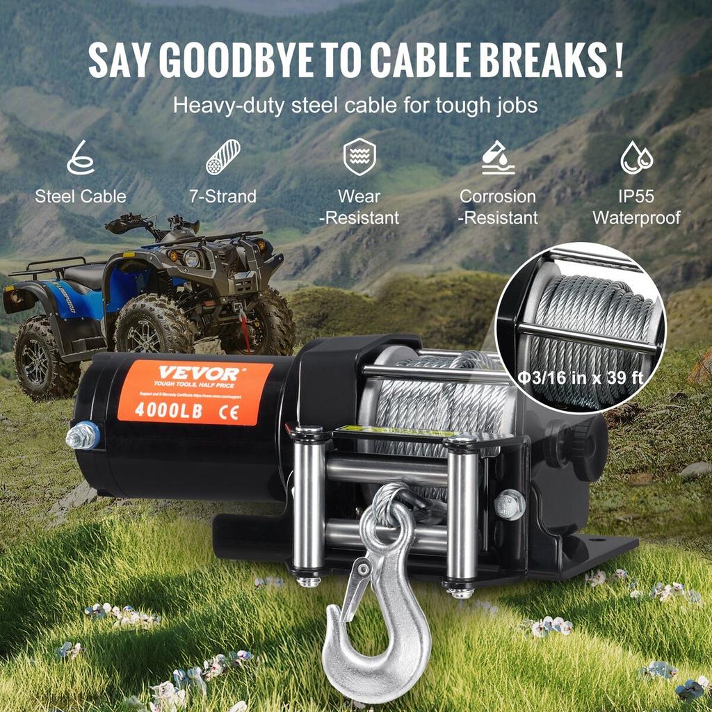 Elektrický naviják ATV UTV 4000 lb Ocelové lano IP55 Vodotěsný Dálkové ovládání