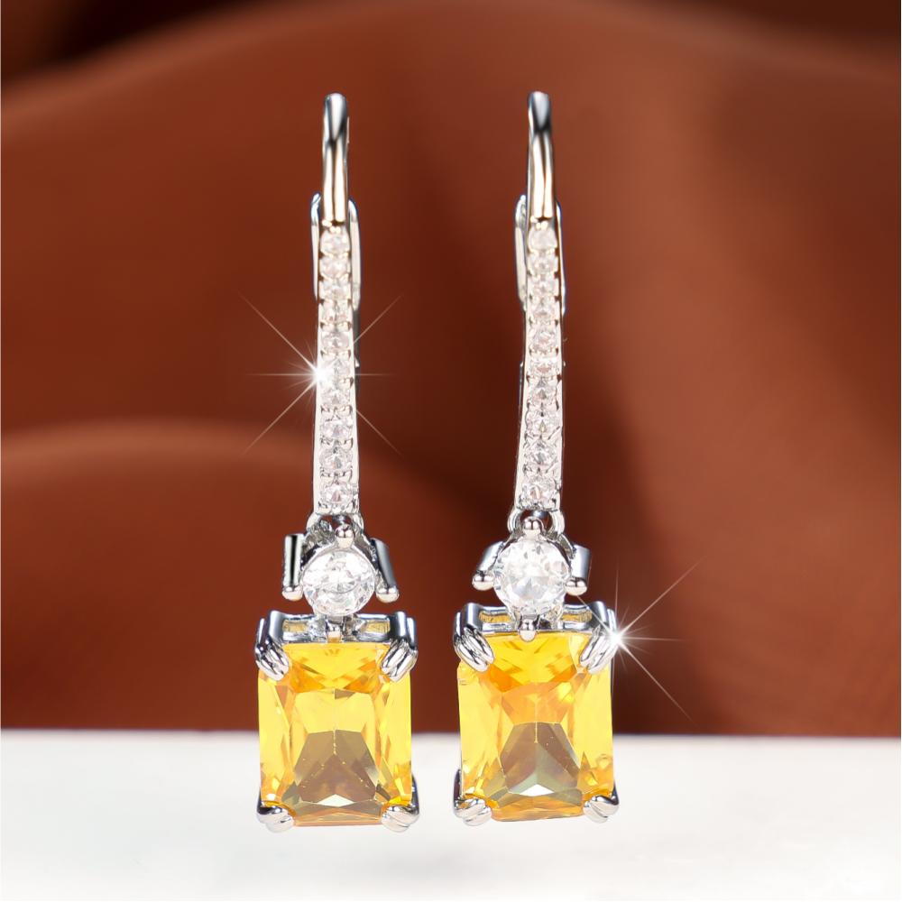 Luxurious Two Tone Rectangular Yellow Zircon Drop Earrings for Women Fashion Jewelry Gifts