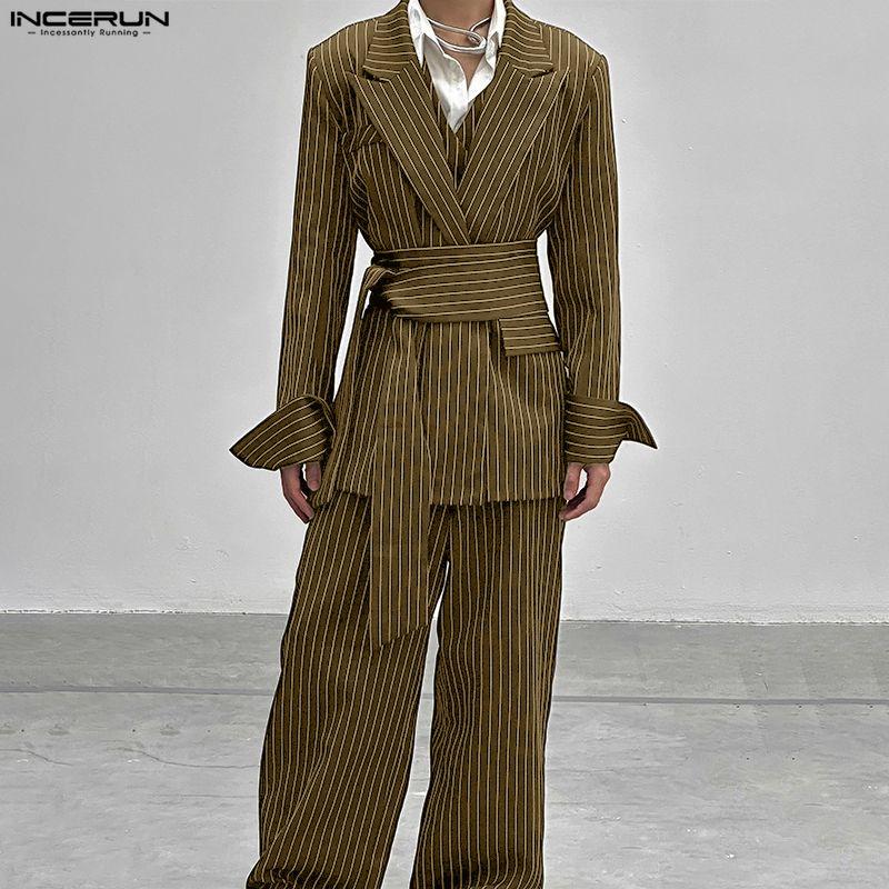 INCERUN Men Sets Lapel Neck Striped Belt Blazer Tops Trousers Long Pants Casual Suits