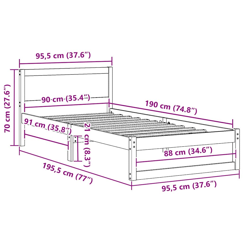 Natural Wooden Bed Frame with Headboard 90 X 190 Cm Solid Pine Wood