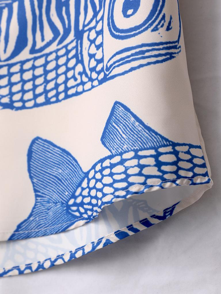 Übergroßes, lockeres Vintage-Kurzarmhemd mit Karpfen-Vollfisch-Print für Herren, lockeres Sommerhemd, trendiges Streetwear-Oberteil für Männer
