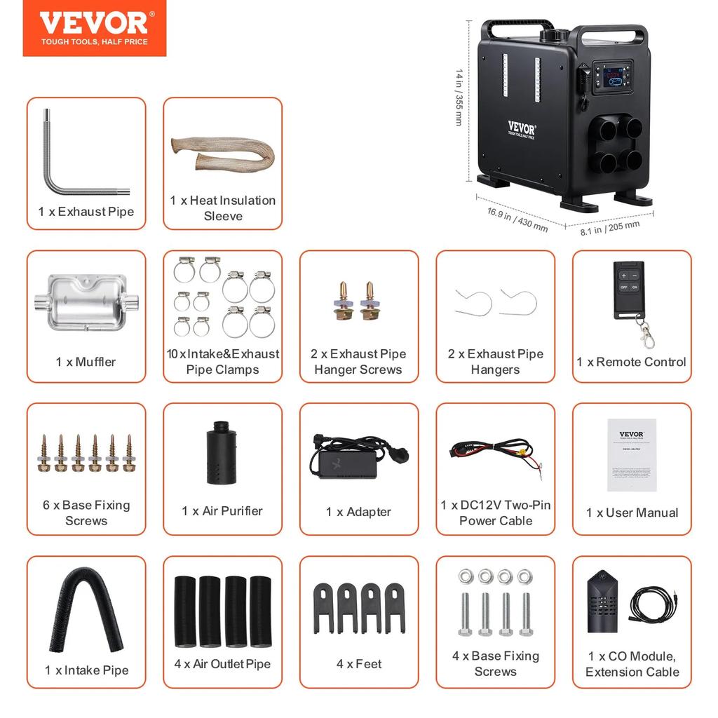 VEVOR 5-8KW Diesel Heater, 12V/24V All In One Diesel Air Heater, Bluetooth APP Control, Remote Control and Display Screen, CO Alarm