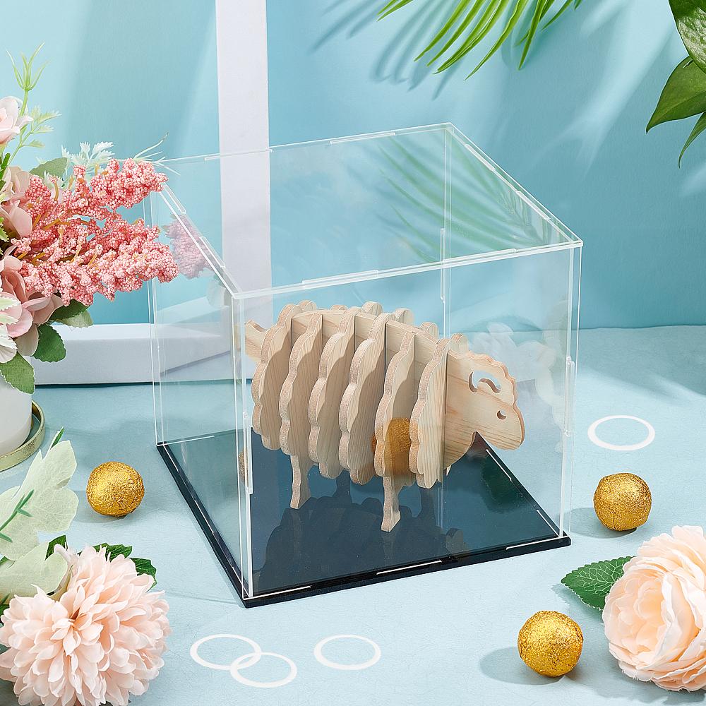 1set Transparent Acrylic Display Boxes Dust-Proof Cases with Black Base and 4Pcs Plastic Rings for Models Building Blocks Doll Display Holders Clear