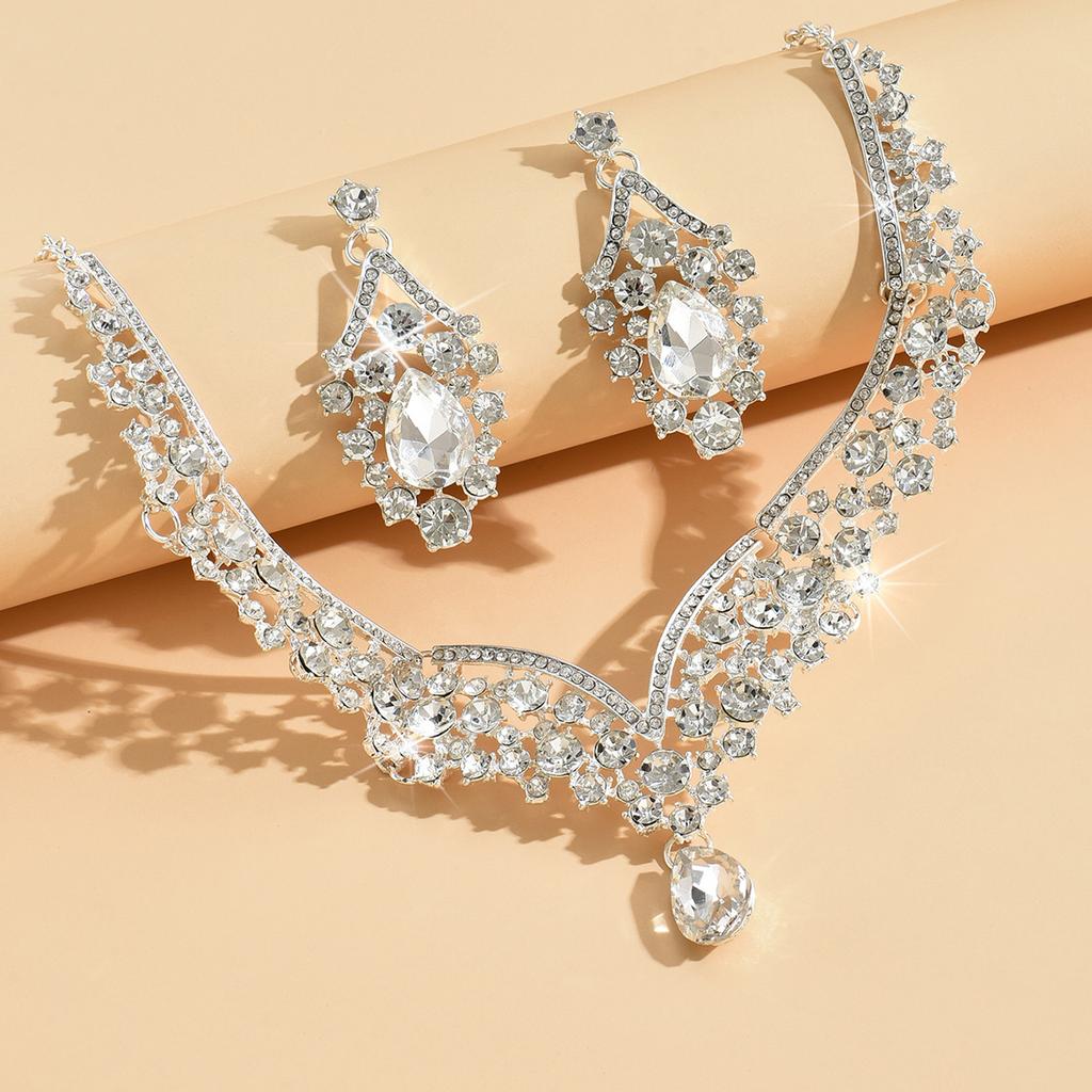 3PC Wedding Season Women's Fashion Full Zircon Water Drop Necklace Earrings Zircon Set Wedding Banquet Party Holiday Gift