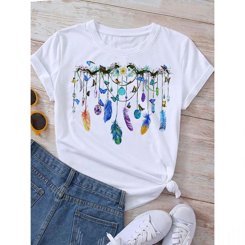 New Butterflies Balloons Print T-Shirt Fashion Harajuku White Graphic Tees Casual Short Sleeve Lady Y2k Tops Women's Clothing