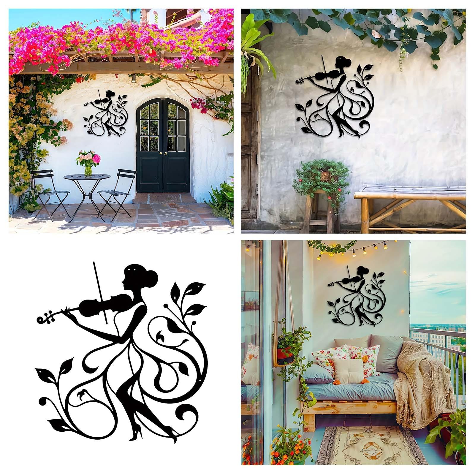 Metal Violin Wall Decor Woman Playing Violin With Floral Pattern Wall Art 14.9 Cute Car Ornament (Black,One Size) чёрный
