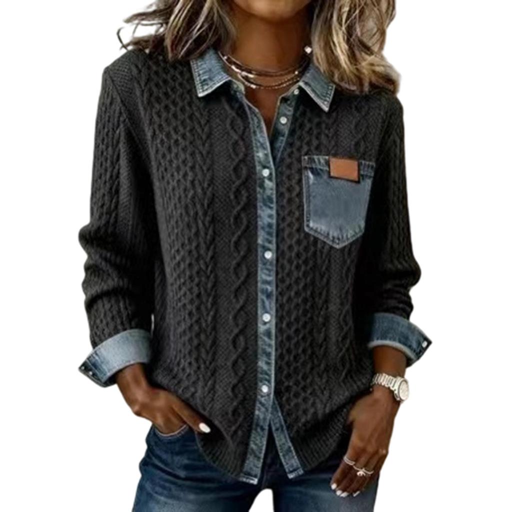 Women's Knitted Patchwork Denim Fashion Long,sleeved Cardigan Jacket