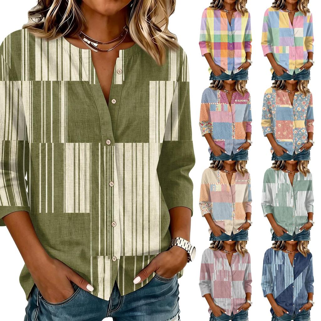 Women's Fashion Cotton Linen Printed 3/4 Sleeve Button Shirt for Casual Wear
