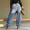 Damskie Jeansy Streetwear z Denimu z Asymetrycznym Zapinaniem i Prostymi Nogawkami, Stan Średni