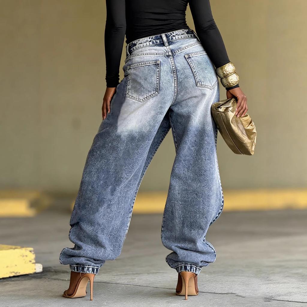 Damskie Jeansy Streetwear z Denimu z Asymetrycznym Zapinaniem i Prostymi Nogawkami, Stan Średni