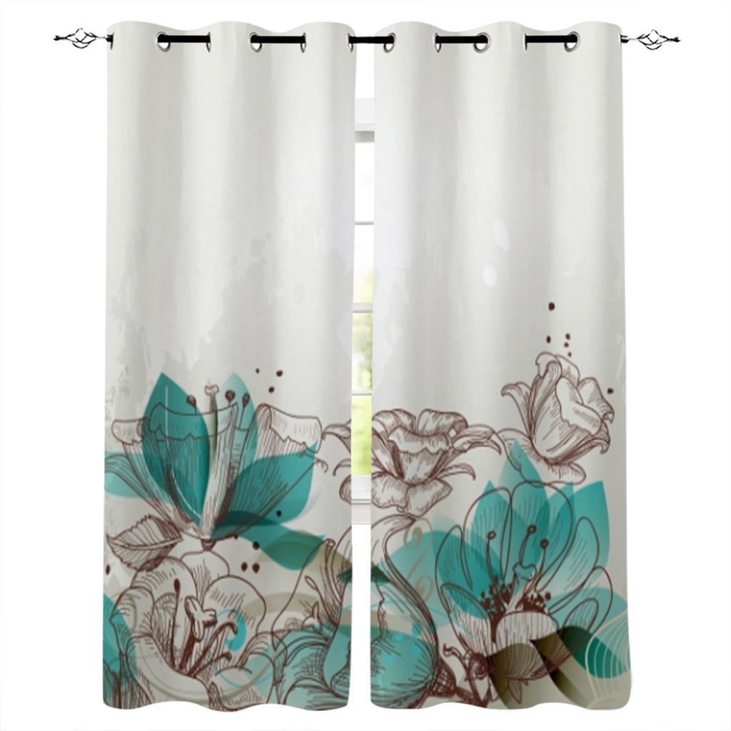 Flowers Bloom Turquoise Plants Roses Window Curtain For Living Room Bedroom Luxury Home Kitchen Decor Items Curtains