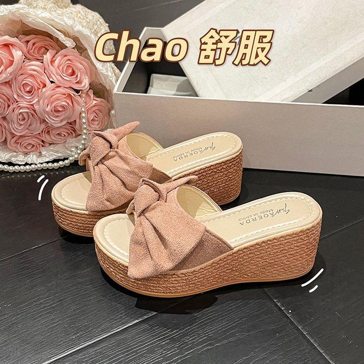 

2024 новые летние туфли на толстой танкетке, женская модная верхняя одежда, однотонные туфли на высоком каблуке с бантом 43