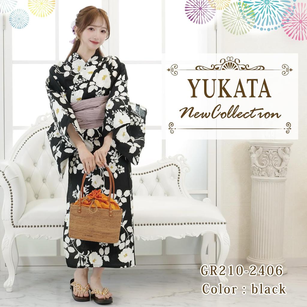 Yukata 3 Piece Set Color Contrast Dignified Summer Camellia Japanese Style Kushyu Fluffy Heiko Obi Thong Geta Set Black One Size Fits Most [RAVIR]