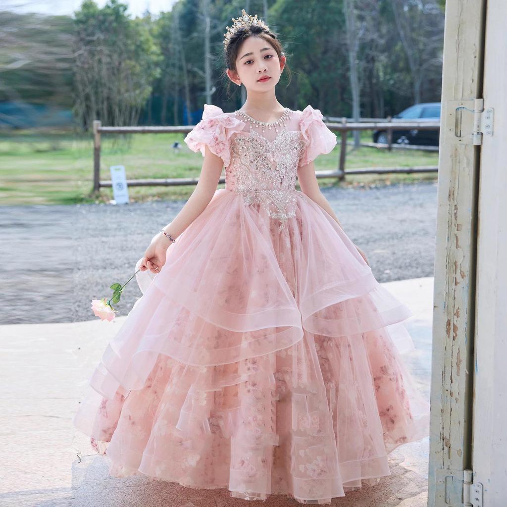 Pink Mori Style Luxury Tulle Princess Dress for Children's Birthday & Piano Performance