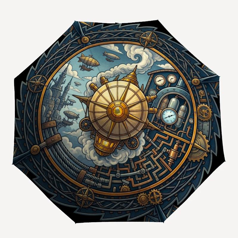 Steampunk Adventure Map Pattern Umbrella, Portable and Foldable Design, 8 Ribs, a Casual Accessory for Halloween, Christmas, and Birthday Gifts.