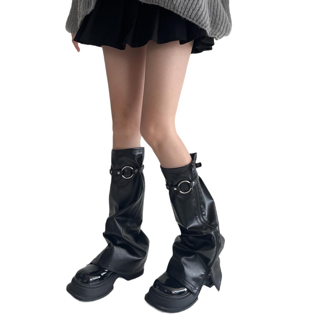 Cubierta de Pie de Cuero PU Chicas Geniales Harajuku Y2K Calentadores de Piernas Cubierta de Pierna Cortavientos para Motocicleta Chica Picante del Milenio Subcultura Color Oscuro