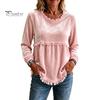 Autumn Outfit Women Fall O-Neck Shirt, Loose Fit Casual Fringe Blouse, Solid Long Sleeve Pullover Color Ruffle Top with Tassels Shirt