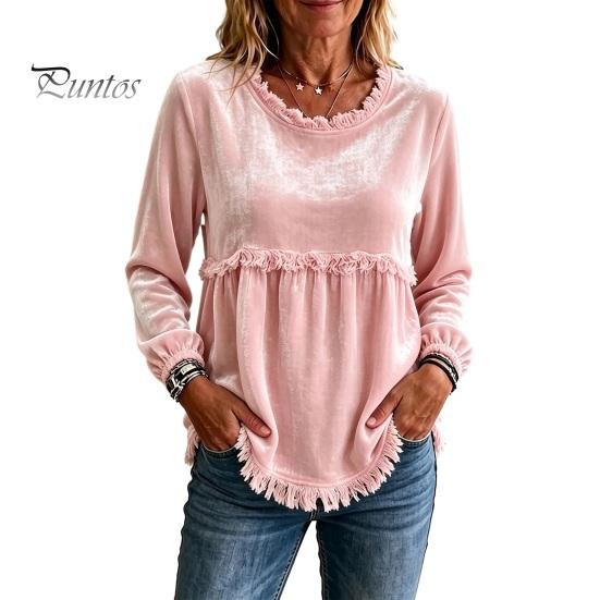 Autumn Outfit Women Fall O-Neck Shirt, Loose Fit Casual Fringe Blouse, Solid Long Sleeve Pullover Color Ruffle Top with Tassels Shirt