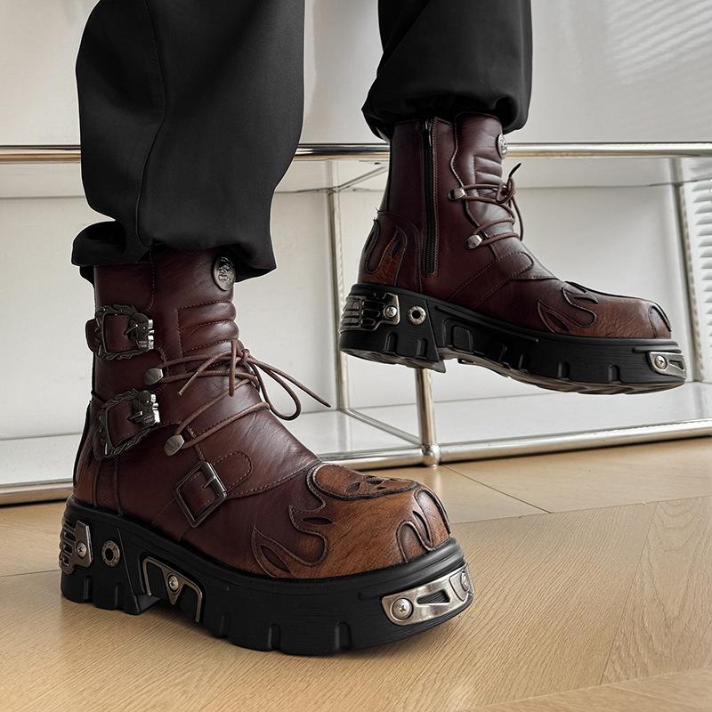 

Панк Ботинки Мужские Летние Однотонные Ретро Готические Ботинки Круглый Носок Толстая Подошва Платформа Массивный Каблук Пламя Металлическая Отделка Шнуровка 46 коричневый