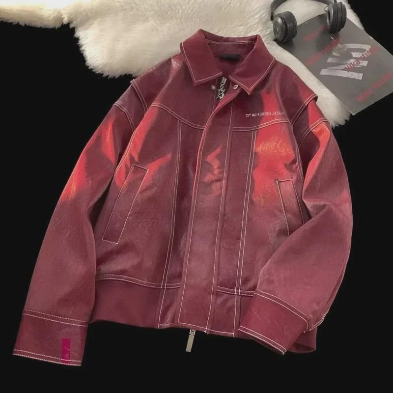 Unisex Vintage Red Leather Jacket: Loose, Casual Autumn Retro Style