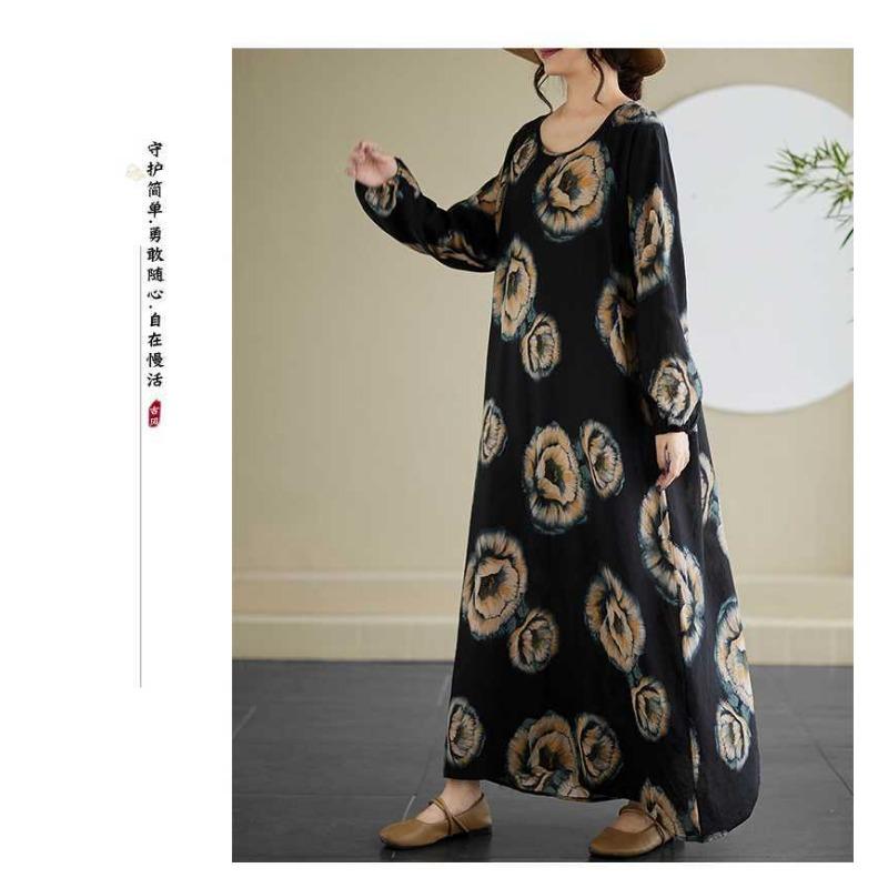 Vintage Long Sleeve Age Reducing Plus Size Casual Long Dresses