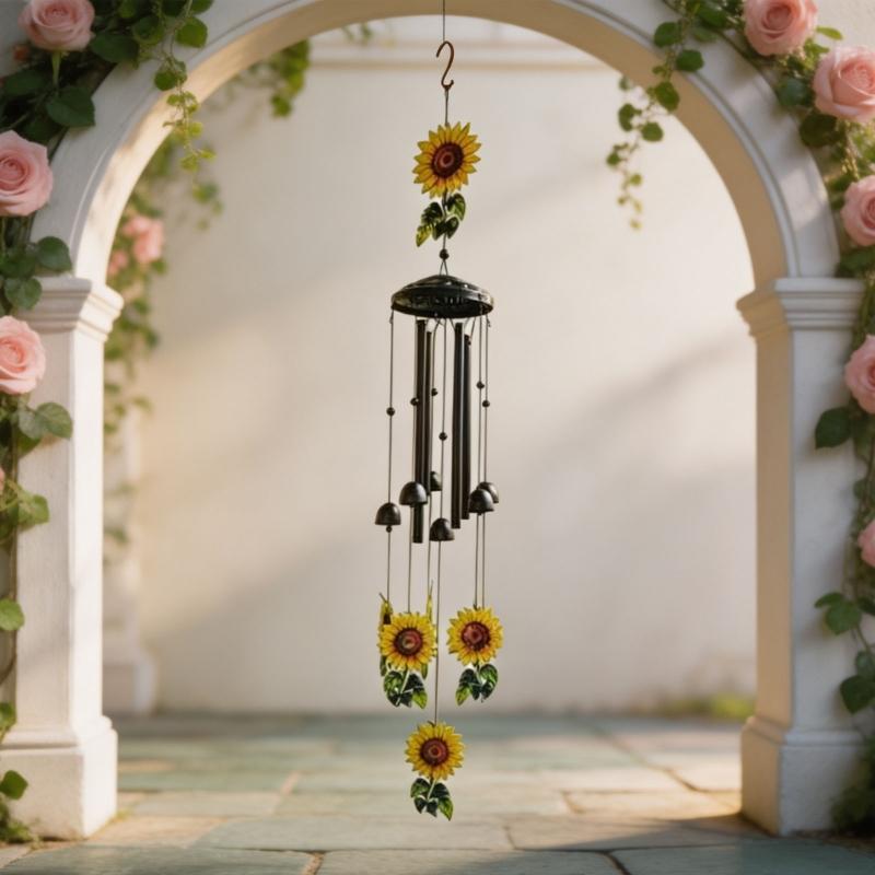 Outdoor Wind Piece Hanging Item with Flower Theme, Metal Top Hook Use for Porch Yard Gardens Display Near Entryway Seating, 35.4 X 4.33 Inches