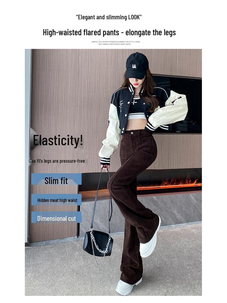 2024 Autumn/Winter High-Waist Corduroy Flared Pants: Plus Velvet, Thickened, Slimming, Casual Korean Style