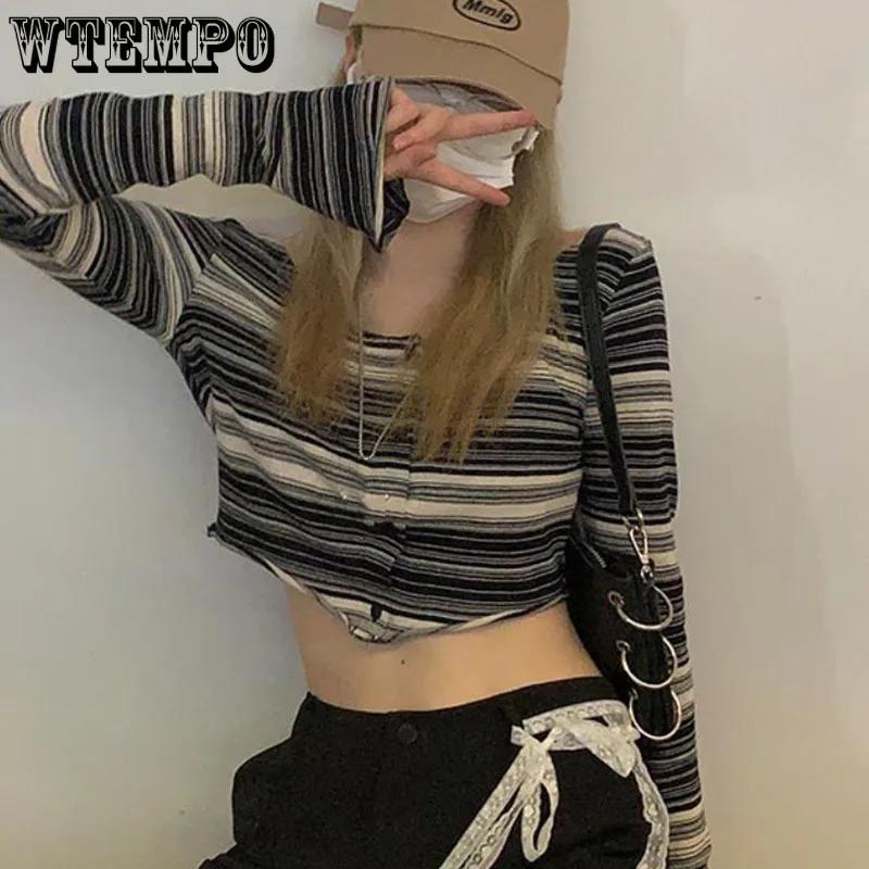 

Y2k Harajuku Gothic Punk E-girl Fashion Striped Crop Tops Women Slim Sexy Long Sleeve T Shirt Tee Design Spring Summer S чёрный