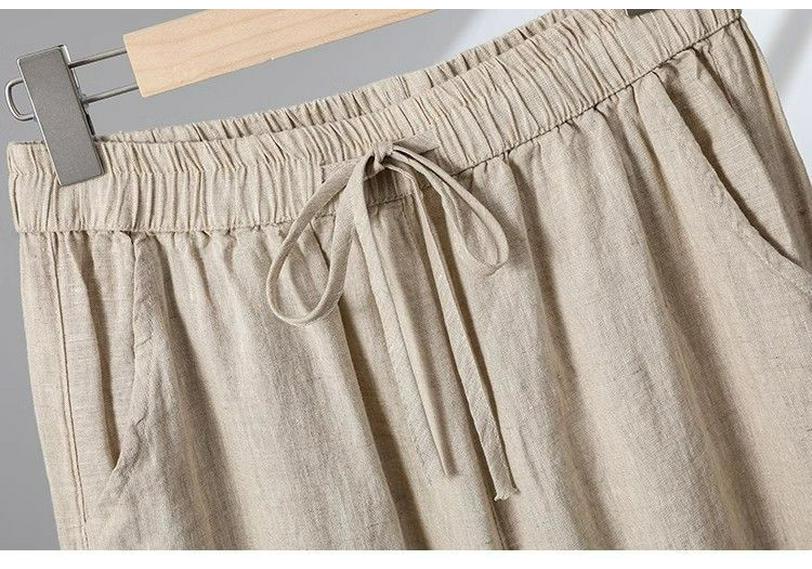 Hohe Taille Baumwolle Leinen Damen Weite Beine Verkürzte Hosen - Koreanischer Stil, Große Größen, Kordelzug, für Frühling, Sommer, Herbst