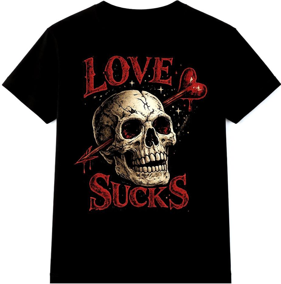 Skull T-Shirt Love Sucks Gothic Valentine Heart Arrow Tattoo Style Tee S разноцветный