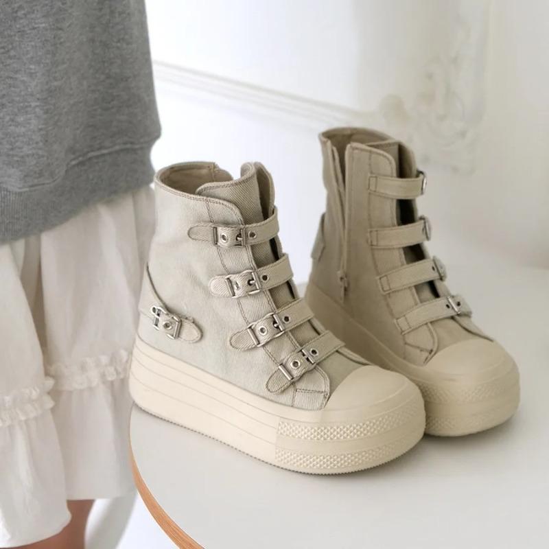 Classic Womens Canvas Shoes Fashion Casual High Top Boots Buckle Design Women Shoes Height Increasing Platform Shoes Ankle Boots