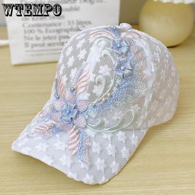Summer Women's Lace Duck Tongue Hat Embroidered Flower Mesh Breathable Baseball Cap Sun Protection and Sunshade Hat
