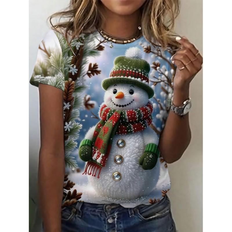 Womens Slim Fit Round Neck Short Sleeve T-Shirt With 3D Santa Claus Print Soft Cotton-Feel Fabric Casual Office Wear