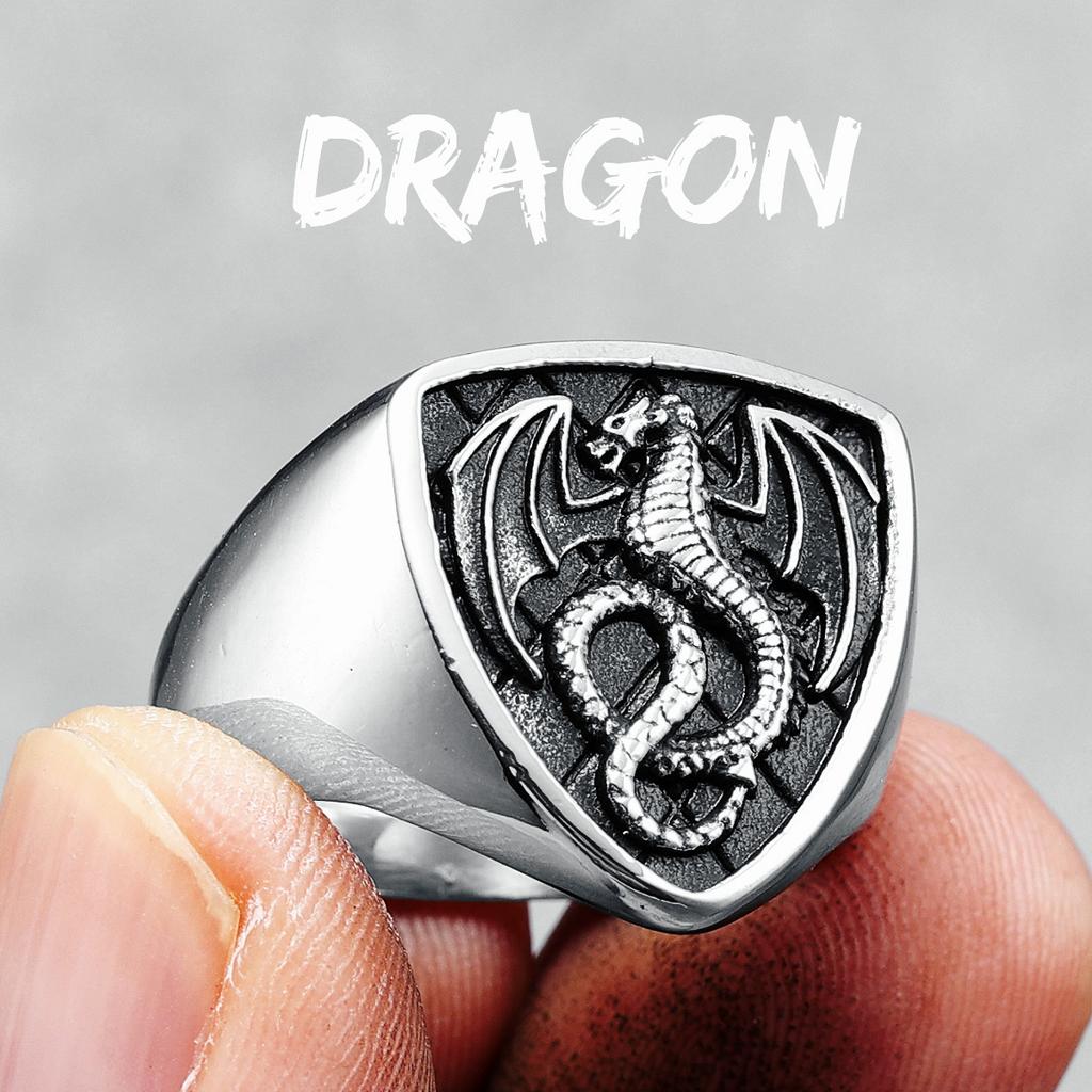 Dragon Shield Ring 316L Stainless Steel Men Rings Rock Punk Norse Myth for Biker Male Boyfriend Jewelry Best Creative Retro Gift