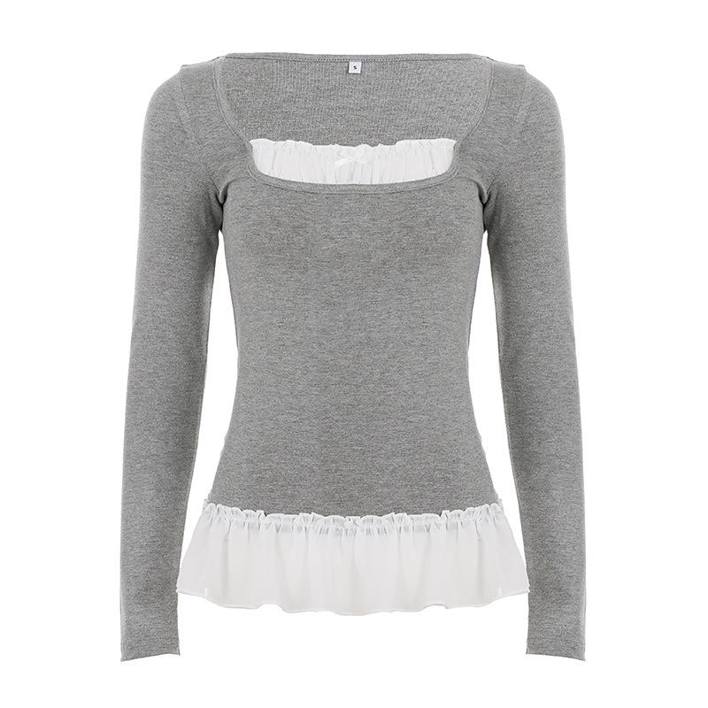 French Doll Collar Patchwork Lace Long-Sleeve Top Small