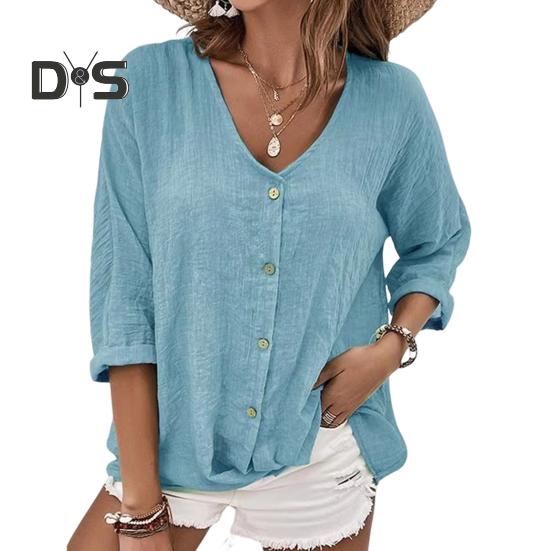 

Женская весенняя рубашка с V-образным вырезом на пуговицах, однобортная, с длинным рукавом, однотонная, мягкая, дышащая, женская, винтажная, свободная, средней длины, топ XL синий