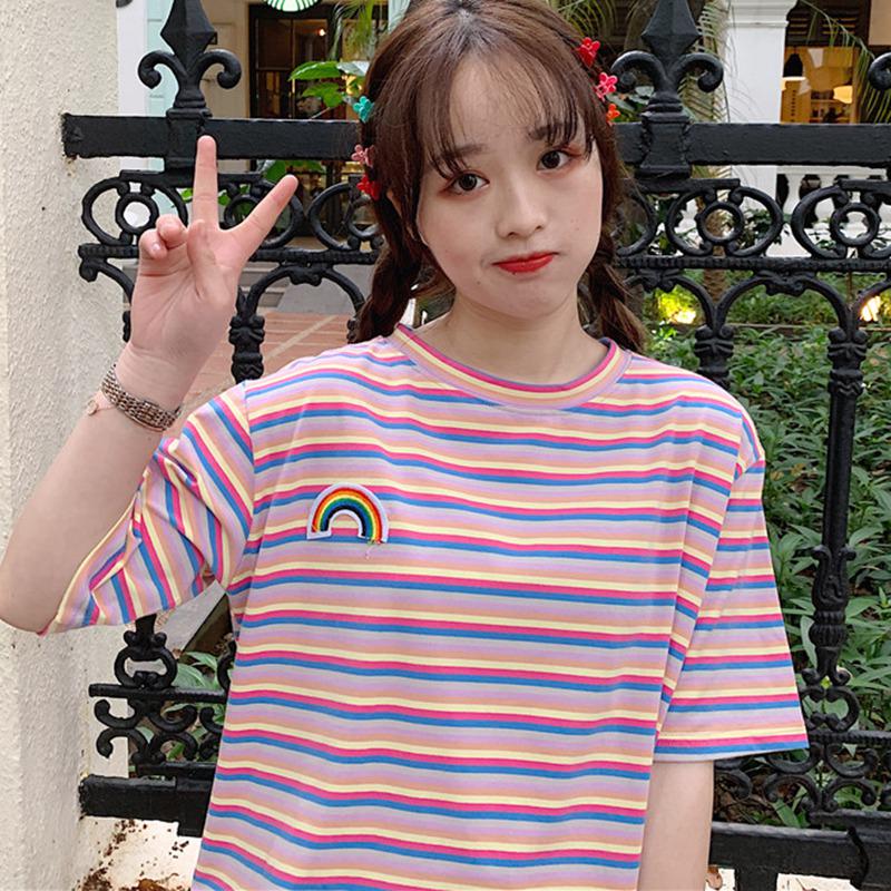 

Женская летняя повседневная футболка с коротким рукавом и круглым вырезом в радужную полоску, свободная футболка L