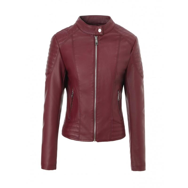 Womens Slim Fit PU Leather Jacket Stand Collar Zip Pockets Classic Streetwear