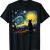 Starry Night Cat Print Tshirt Fashion Retro Round Neck Short Sleeve Womens Streetwear Loose Base Layer Cat Lover TShirt