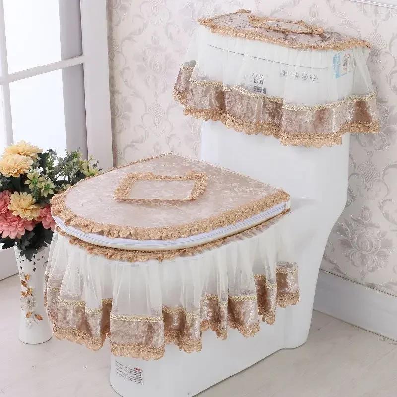 Thickened Toilet Dust Three Piece Set Autumn and Winter Sitting Toilet Cover U-shaped Cushion Zipper Lace Ruffled Toilet Cover
