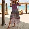 Women Fashion Round Neck Retro Check Printed Short Sleeve Side Slit Dress Casual Vacation Dress Long Loose Dress