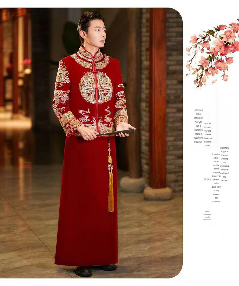 Herren 2024 Xiuhe Samt Hochzeitsanzug: Chinesisches Bräutigam Drachen & Phönix Gewand, Übergröße verfügbar