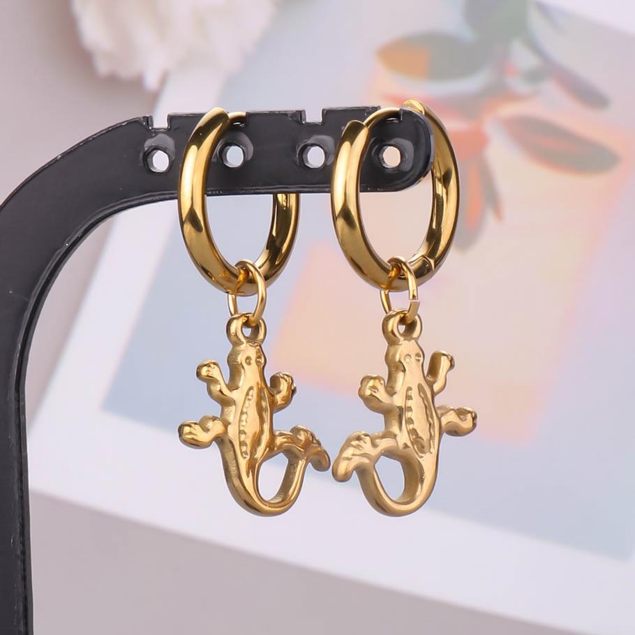 Funny Animal Dangle Earring Real Gold Plated Sea Horse Butterfly Dog Bone Stainless Steel Round Earrings For Women Men Piercing