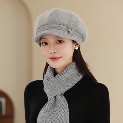 Hut Damen Herbst und Winter Strickmütze Warme Baskenmütze Wollmütze Mode Fleece Verdickte Ohrenmütze Kaninchenfellmütze