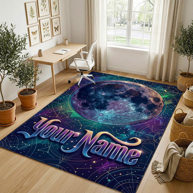 Cosmic Moon Mandala Theme Soft Crystal Velvet Rug Custom Name & Text Print Non Slip Floor Rug for Bedroom Living Room