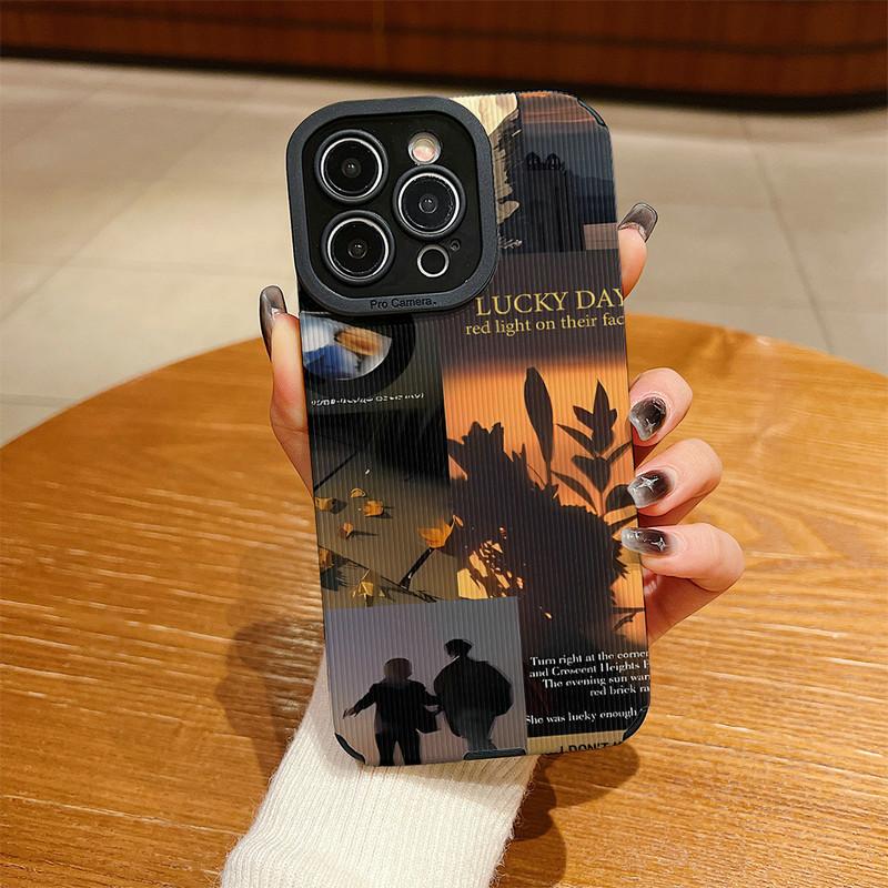 Vertical Grain Leather Shell Lucky Day Printed Patterned Shockproof Soft Silicone Case with Camera Lens Full Protection for iPhone