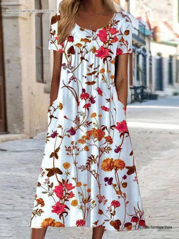 2026 Summer Women's Floral Round Neck Pocket Dress - European & American Style, Casual Loose Fit, Short Sleeve.