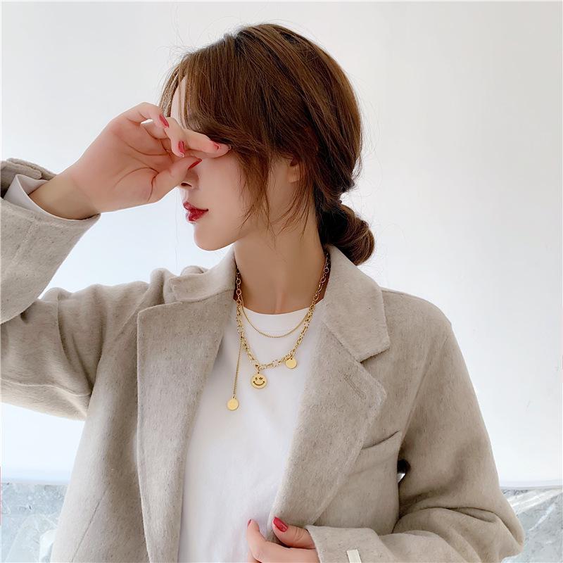 Double Layer Smiley Face Clavicle Necklace - Trendy Titanium Steel Hip Hop Chain for Women